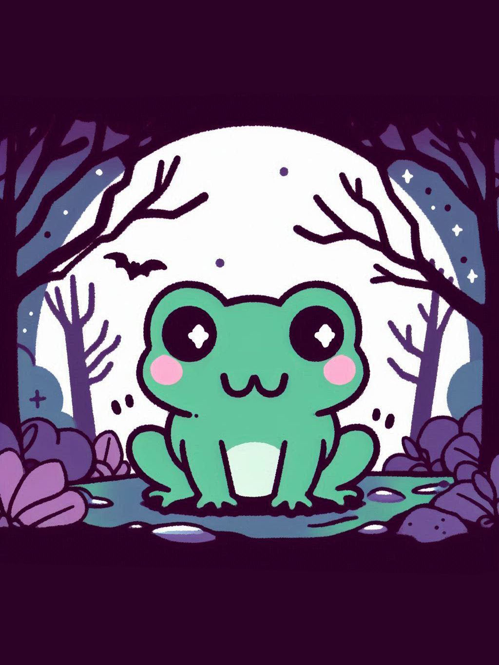 halloween frog drawing ideas, featuring a charming frog sitting in a moonlit spooky forest.